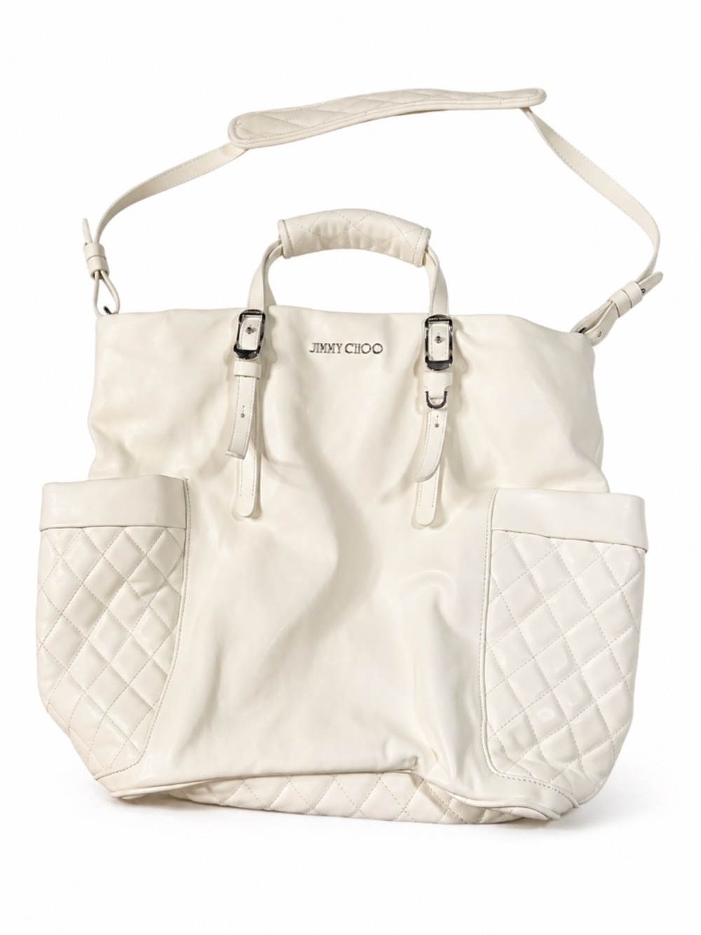 Jimmy Choo Blare Leather Tote Ivory Quilted Pocket Satchel Shoulder Bag